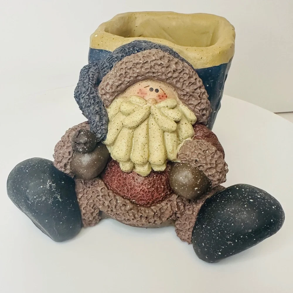 Resin Folk Art Rustic Primitive Red and Blue Santa Candle Holder Holiday Decor